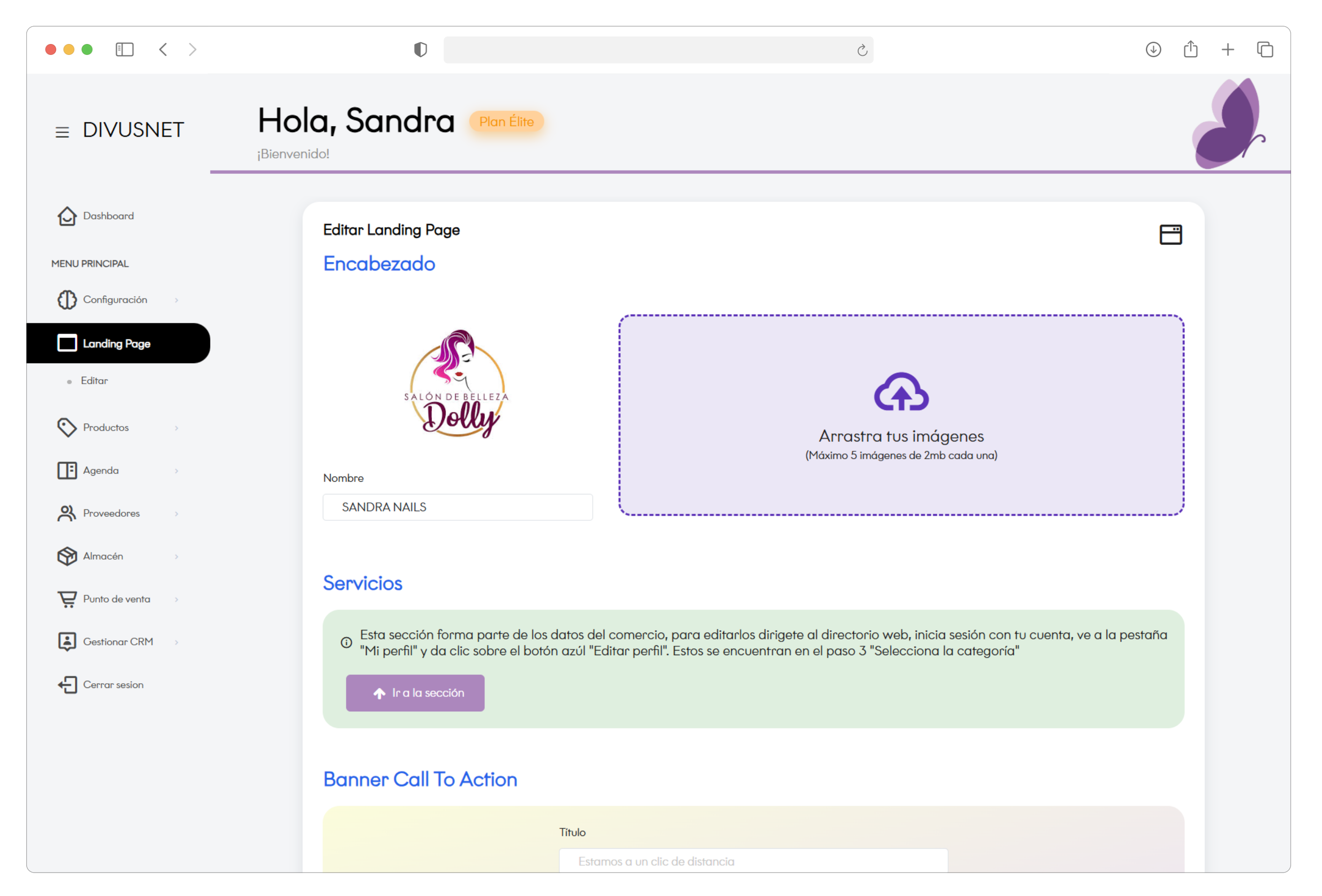 Módulo de edición de la landing page